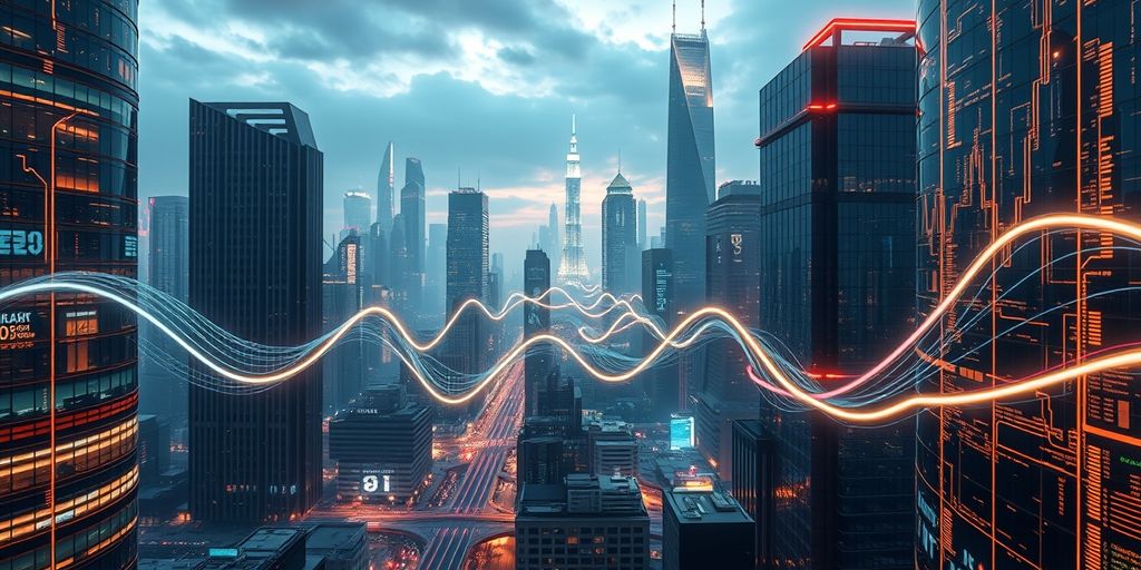 Futuristic city with glowing data streams