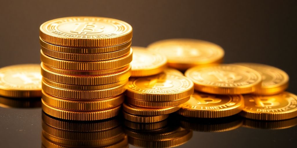 Shining gold coins stacked on a dark surface.