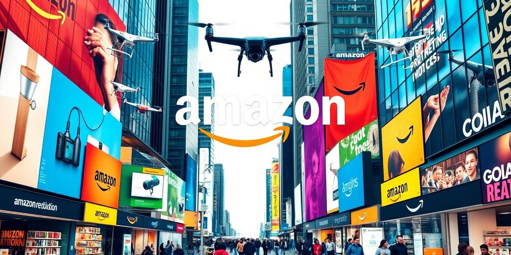 Collage of Amazon's innovative retail strategies and technologies.