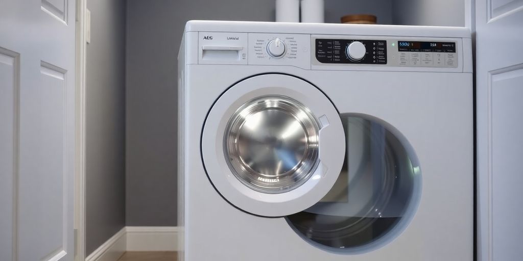 Moderne AEG L6FBG48S Waschmaschine in der Waschküche.