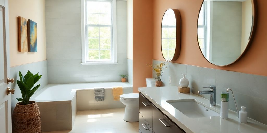 Eco-friendly bathroom with modern fixtures and vibrant colors.