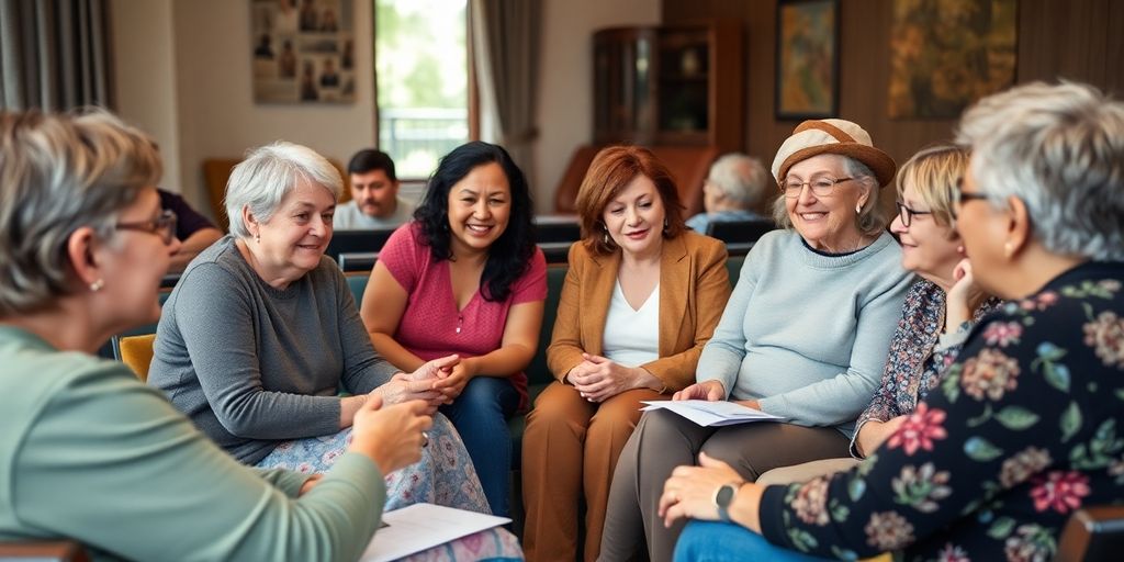 Diverse group discussing diabetes support in a community setting.