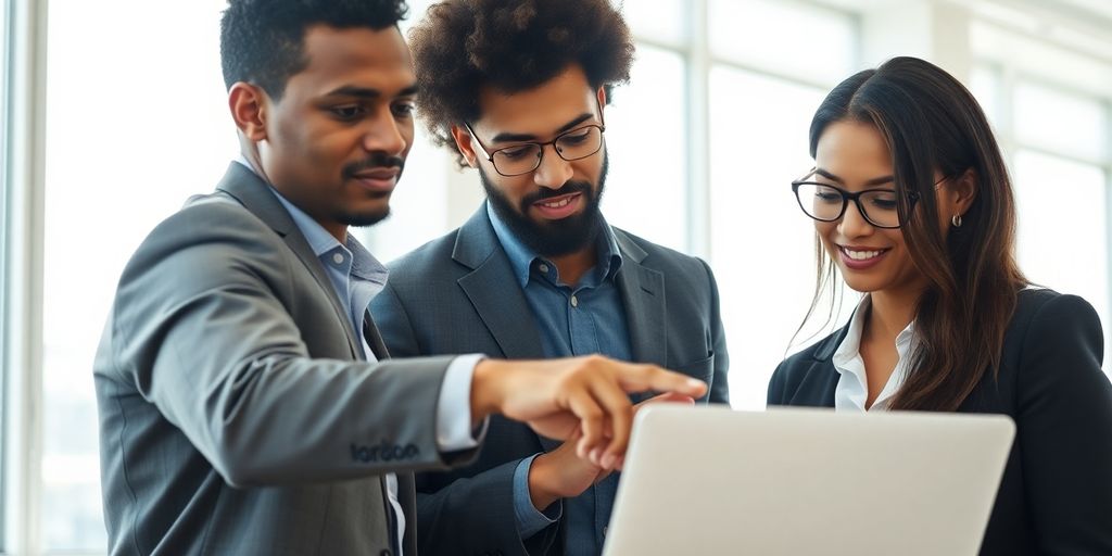 Professional brokers discussing earnings in modern office.