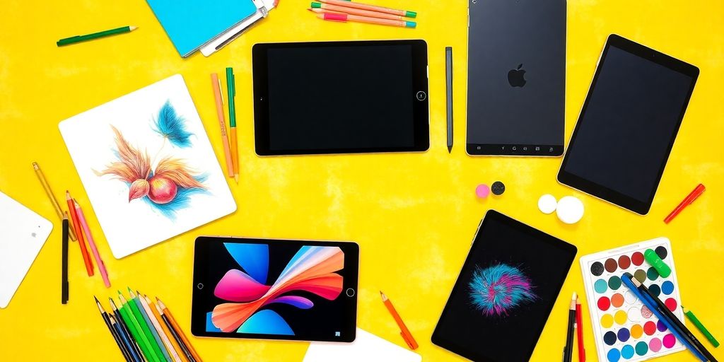 Flat lay of iPads and drawing tools on a surface.