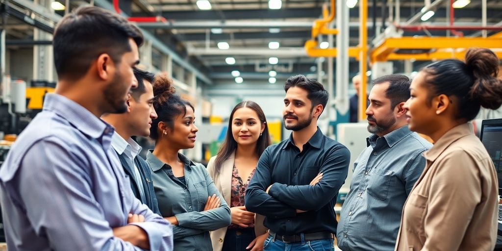 Diverse manufacturing team collaborating in a modern workspace.