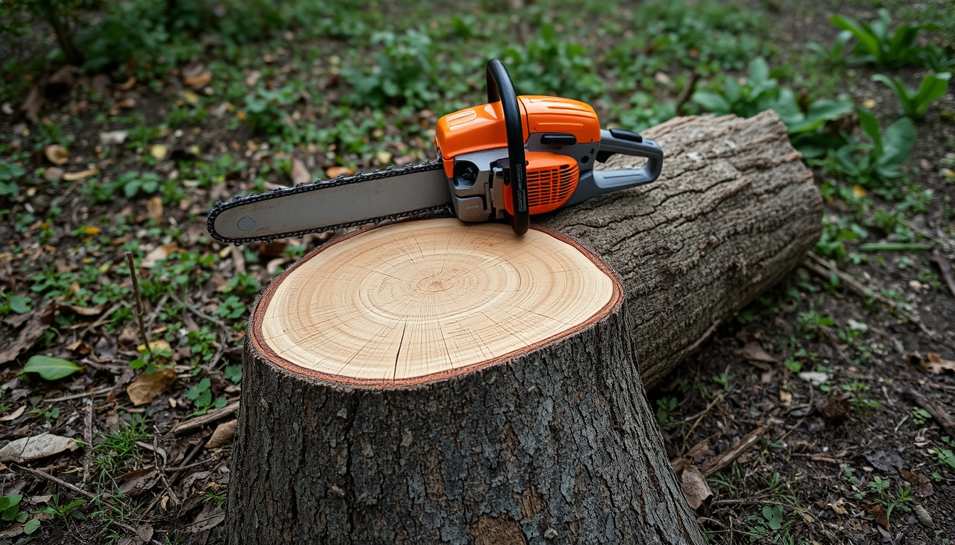 Chainsaw on cut tree trunk, symbolizing tree cutting services.