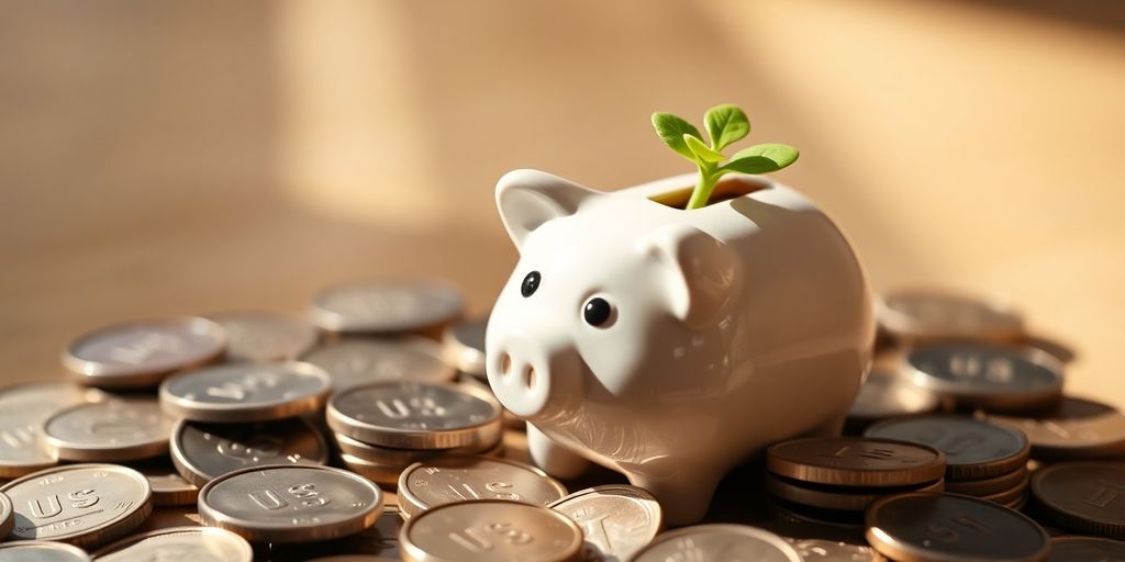 Piggy bank, coins, and a plant.