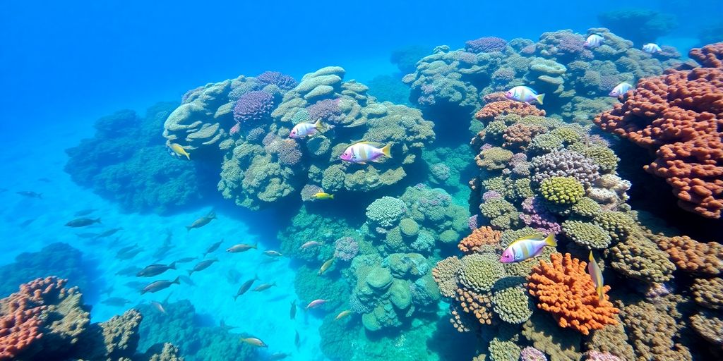 Vibrant coral gardens with colorful fish in clear water.