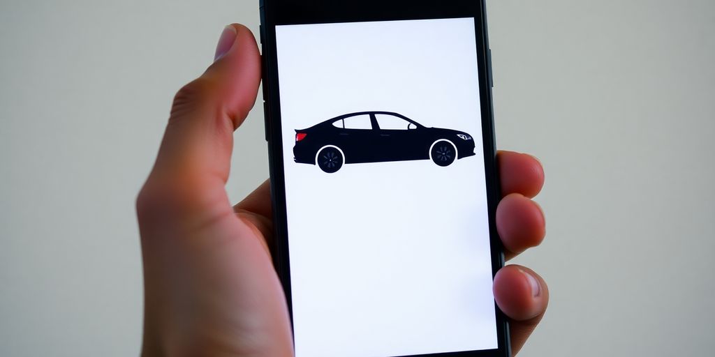 A person cautiously holding a smartphone displaying a generic car icon.