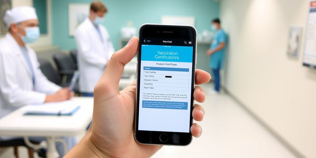 Person holding smartphone with digital vaccination certificate
