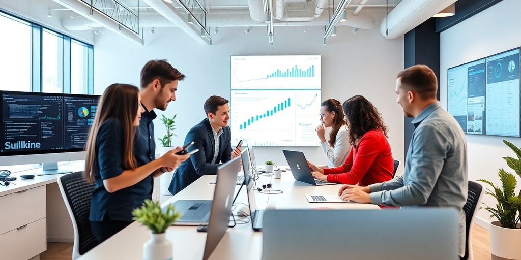 Profissionais de marketing digital em ambiente moderno.