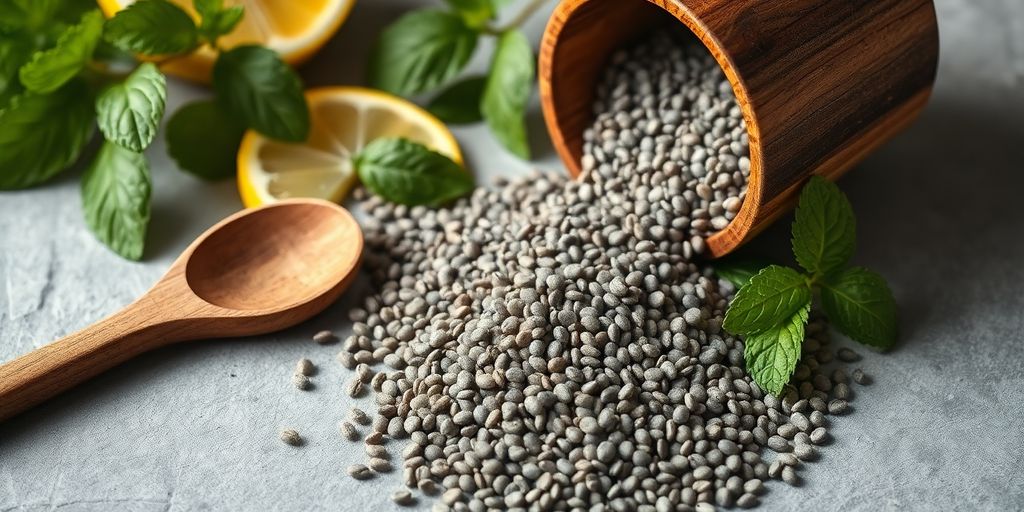 Chia seeds spilling from bowl beside mint leaves and lemon