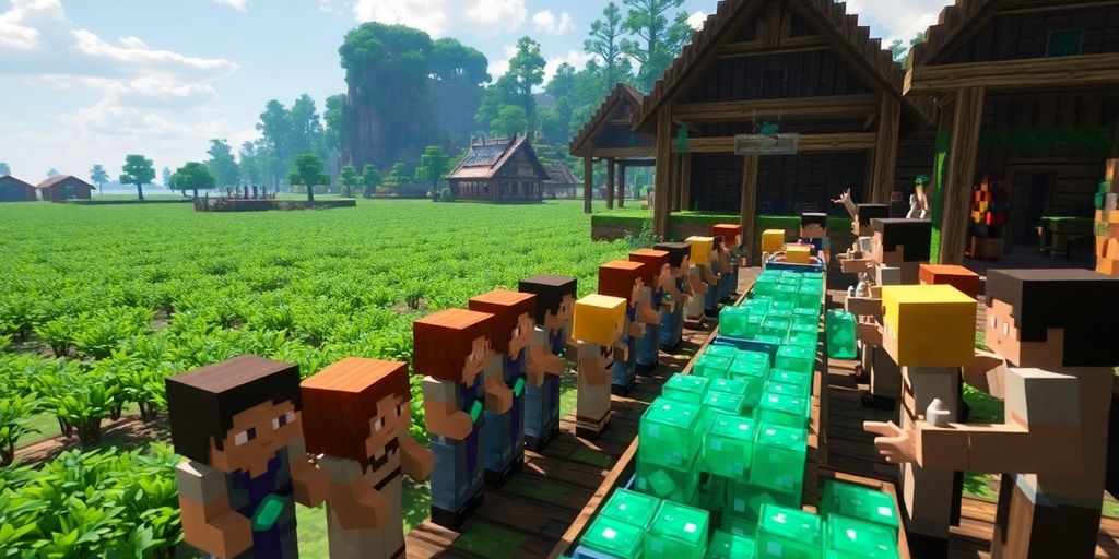 Minecraft villager trading hall with emeralds, no text.