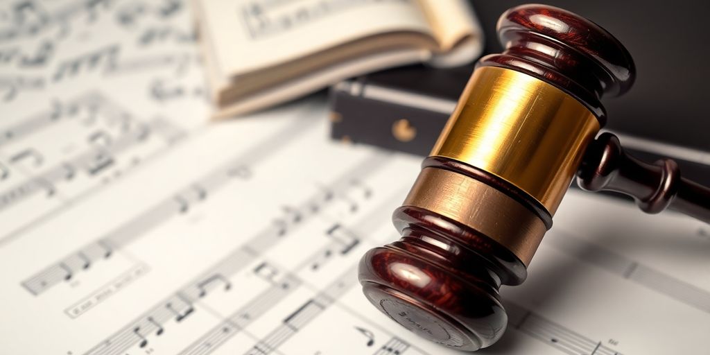 Gavel on music sheets, representing music industry law.