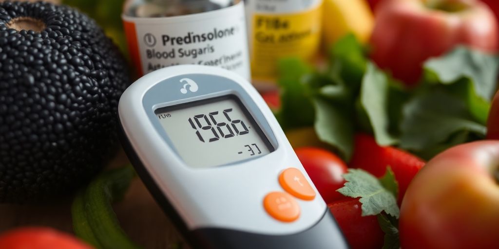 Glucose meter with high reading and Prednisolone bottle.