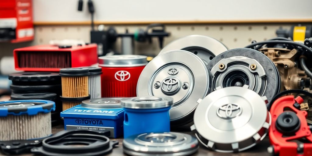 Close-up of various Toyota spare parts on a workbench.