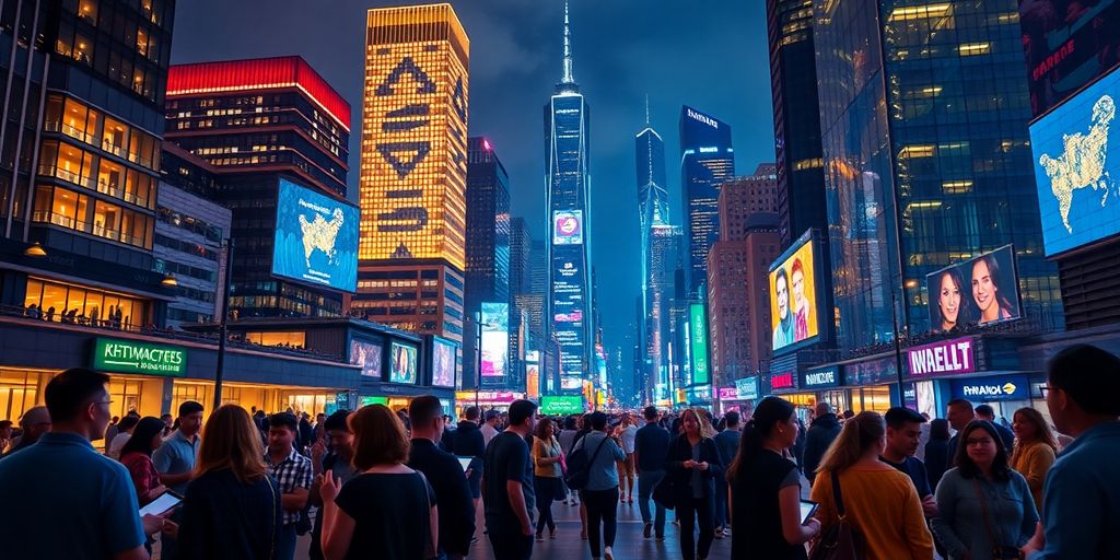 Night cityscape with active investors discussing cryptocurrency.