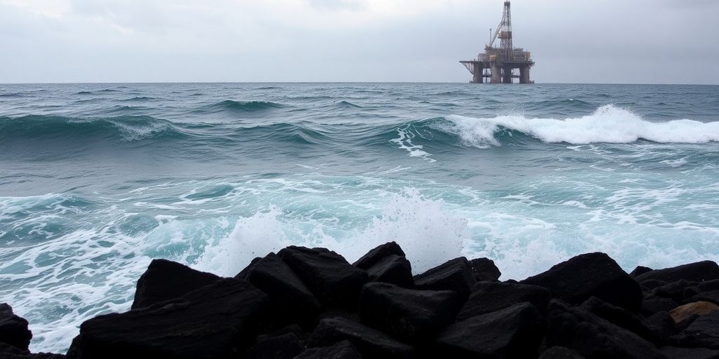 Rough sea with waves, oil rig in the distance.