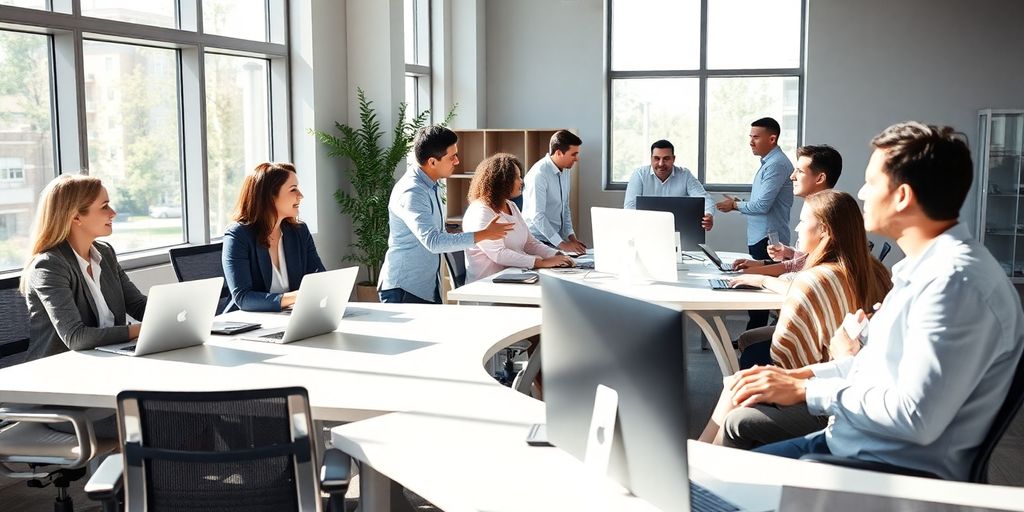 Diverse professionals collaborating, modern office