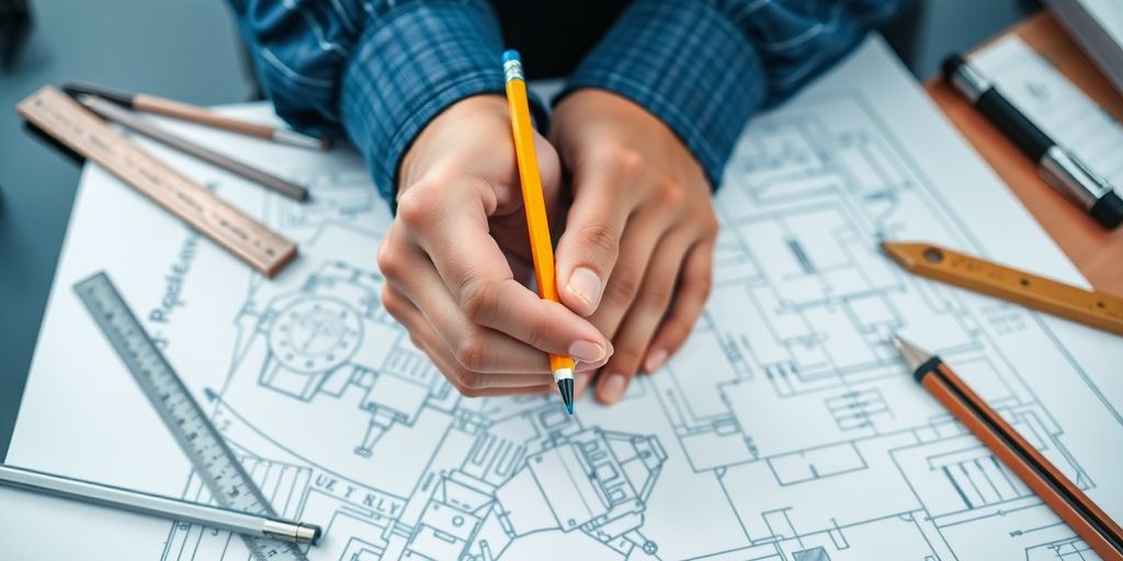 Engineer sketching, designing, building.