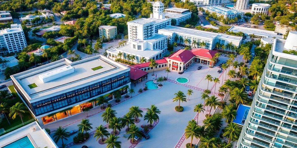 Aerial view of vibrant Aventura, Florida with palm trees.