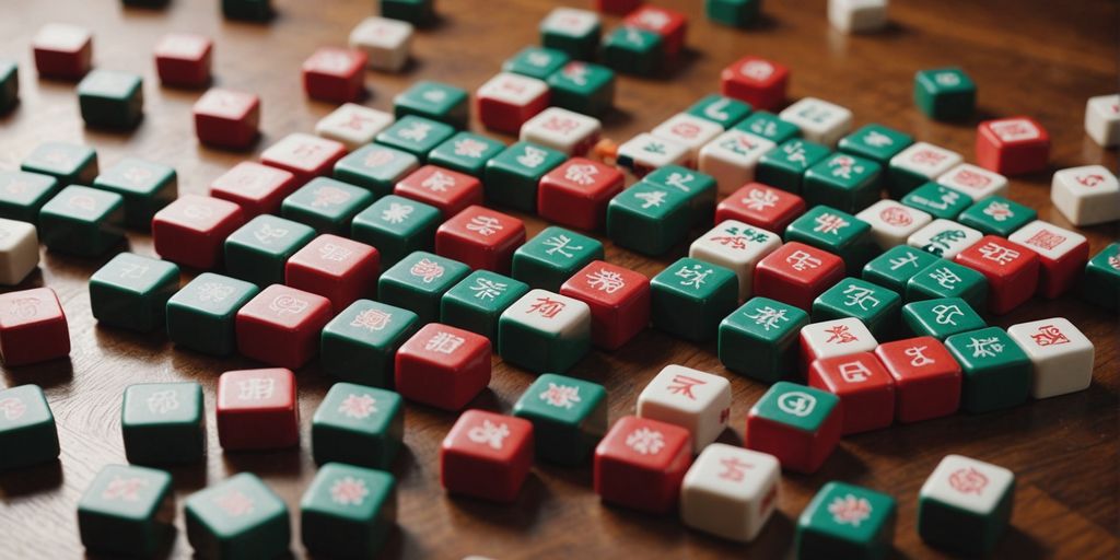 Various Mahjong tiles displayed on a wooden surface.