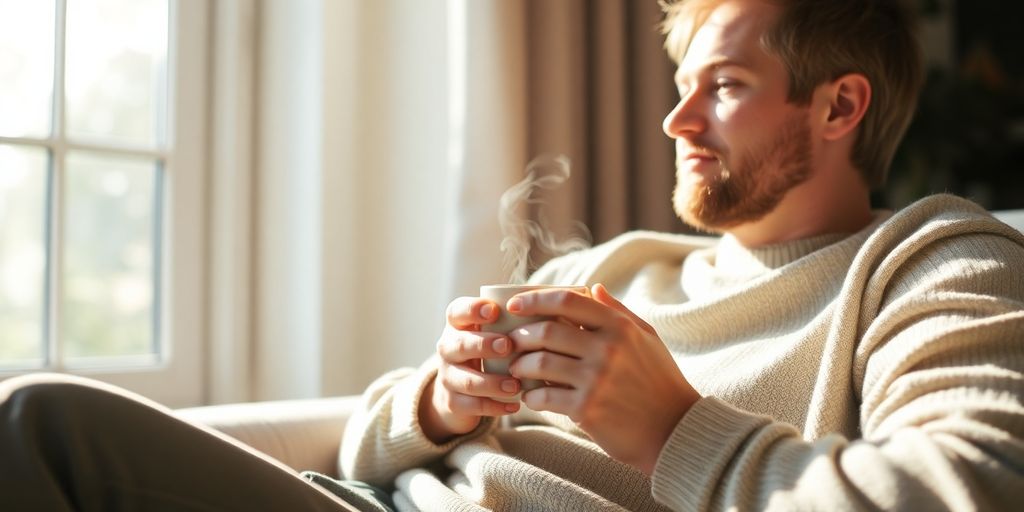 Person relaxing with a cup of tea.