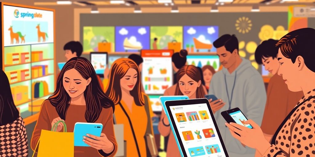 Customers interacting with online shopping platforms on devices.