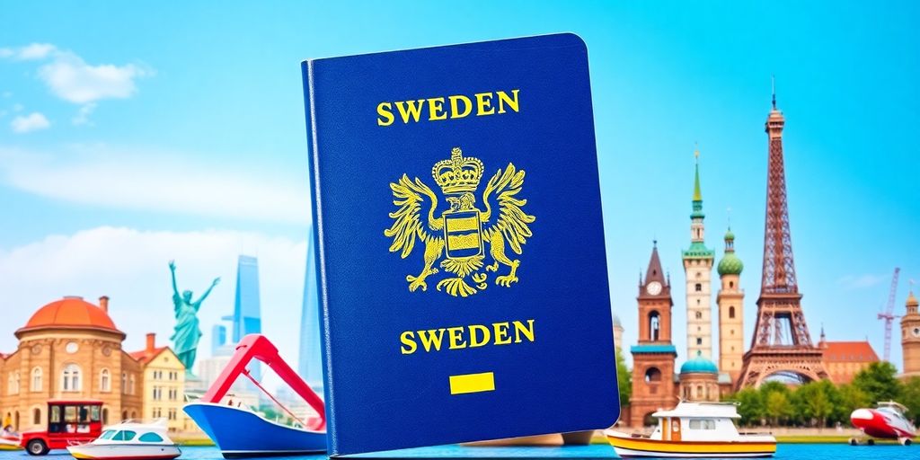 Svenskt pass med kända landmärken i bakgrunden.