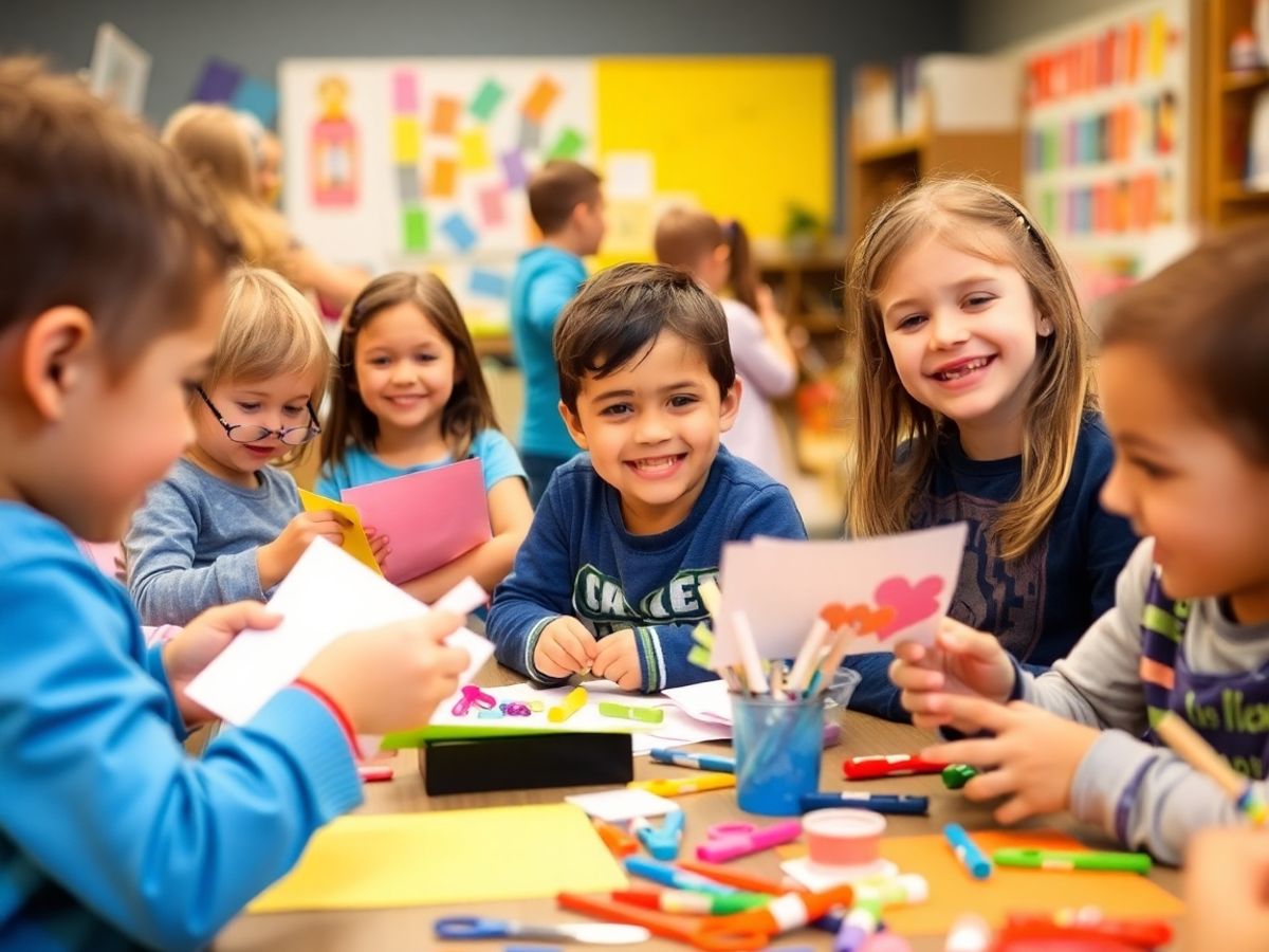 Copii lucrând la activități de meșteșuguri creative.