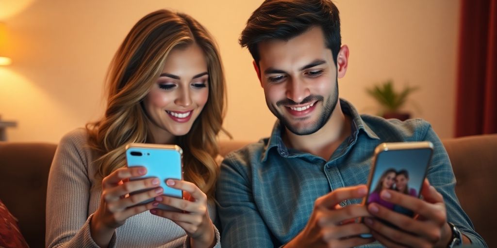 Couple exploring dating apps on phones.