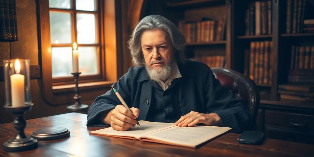 A 17th-century scholar writing on parchment at a candlelit desk.