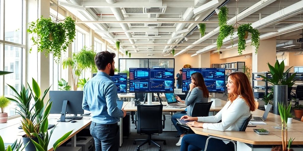 Profissionais discutindo tecnologia de IA em escritório moderno.