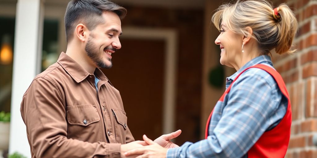 Technician and homeowner interacting positively in a home.