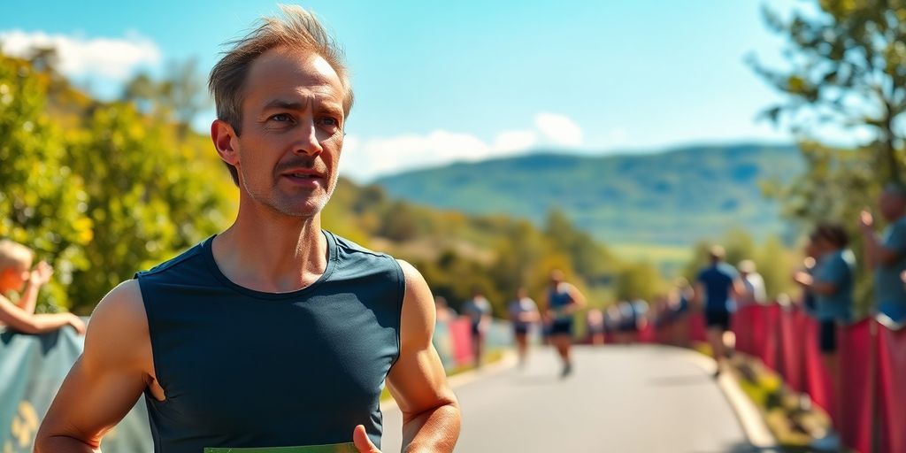 Runner on a marathon route with cheering spectators.