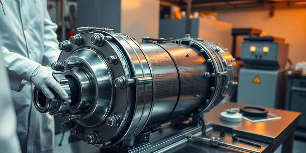 Scientists handling cylindrical nuclear bomb core assembly in dim laboratory