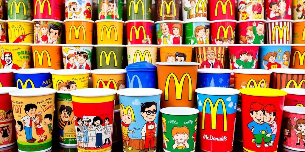 Colorful McDonald's collector cups arranged for visual appeal.