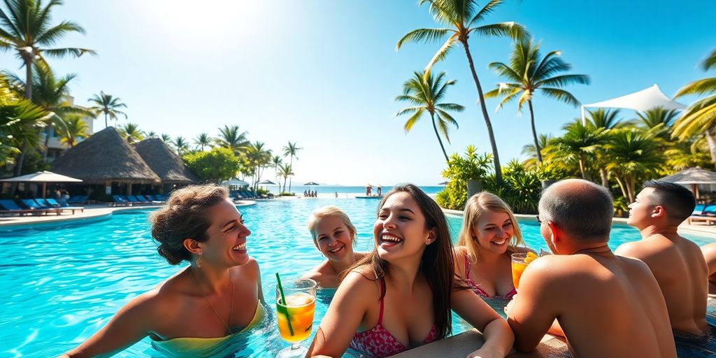 Resort pool, swim-up bar, happy people, sunshine, clear water.