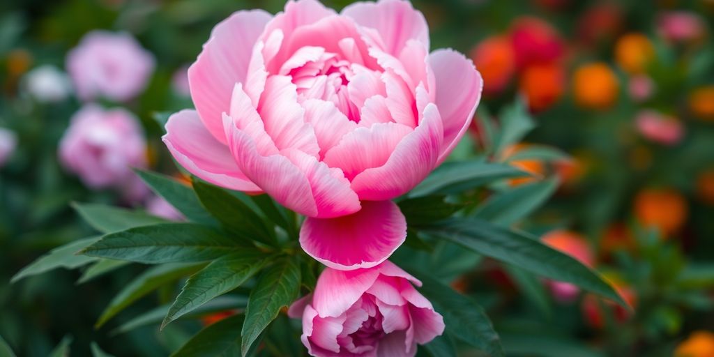 A blooming peony surrounded by green leaves in a garden.
