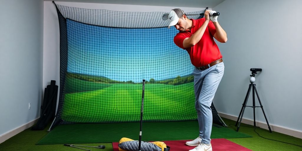 Golfer practices swing indoors with training aids.