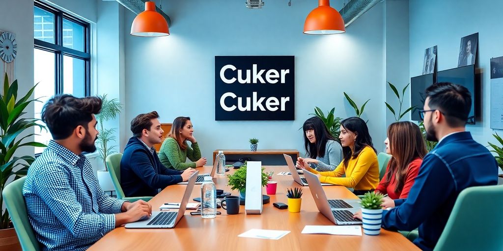 Diverse team collaborating in a modern office setting.