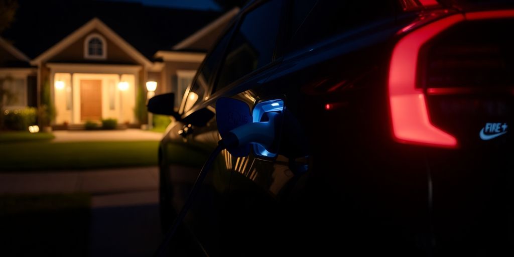 EV plugged into home charger at night.