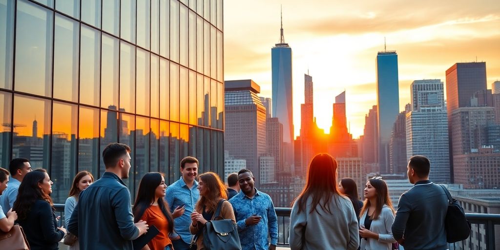 Diverse young professionals networking in NYC startup environment.