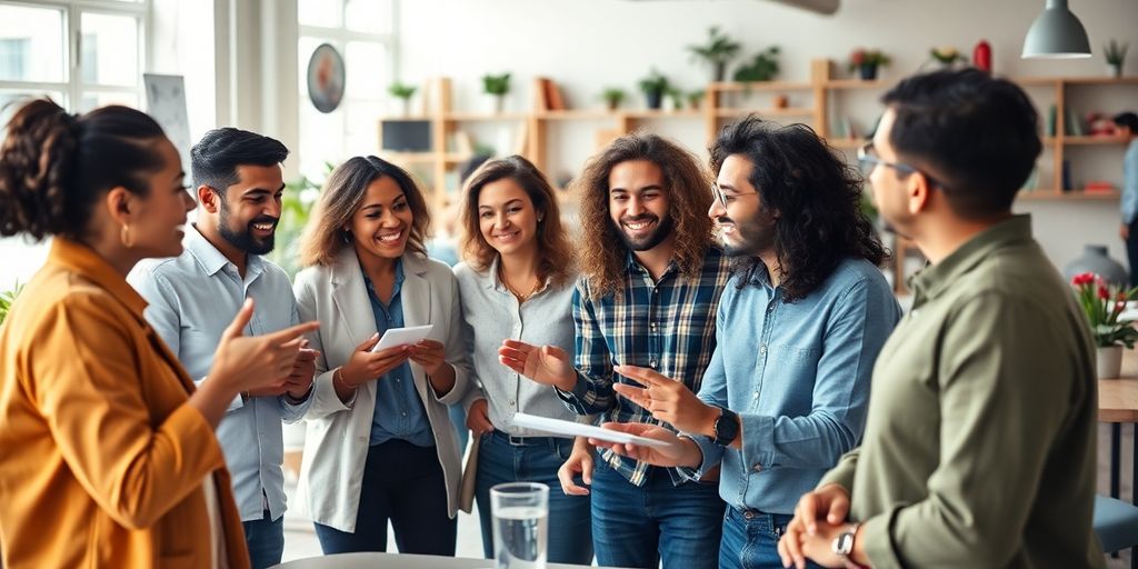 Diverse entrepreneurs brainstorming in a vibrant workspace.