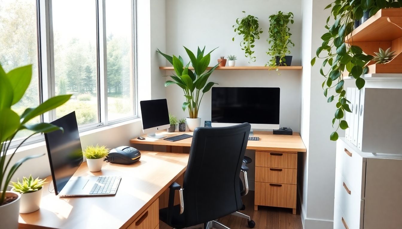 Modern small office with ergonomic furniture and greenery.