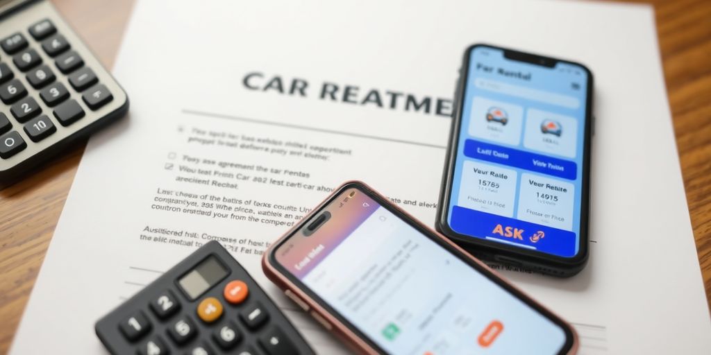 Car rental agreement with calculator and smartphone on table.