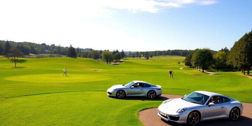 Golfers at Adare Manor with Porsche cars.