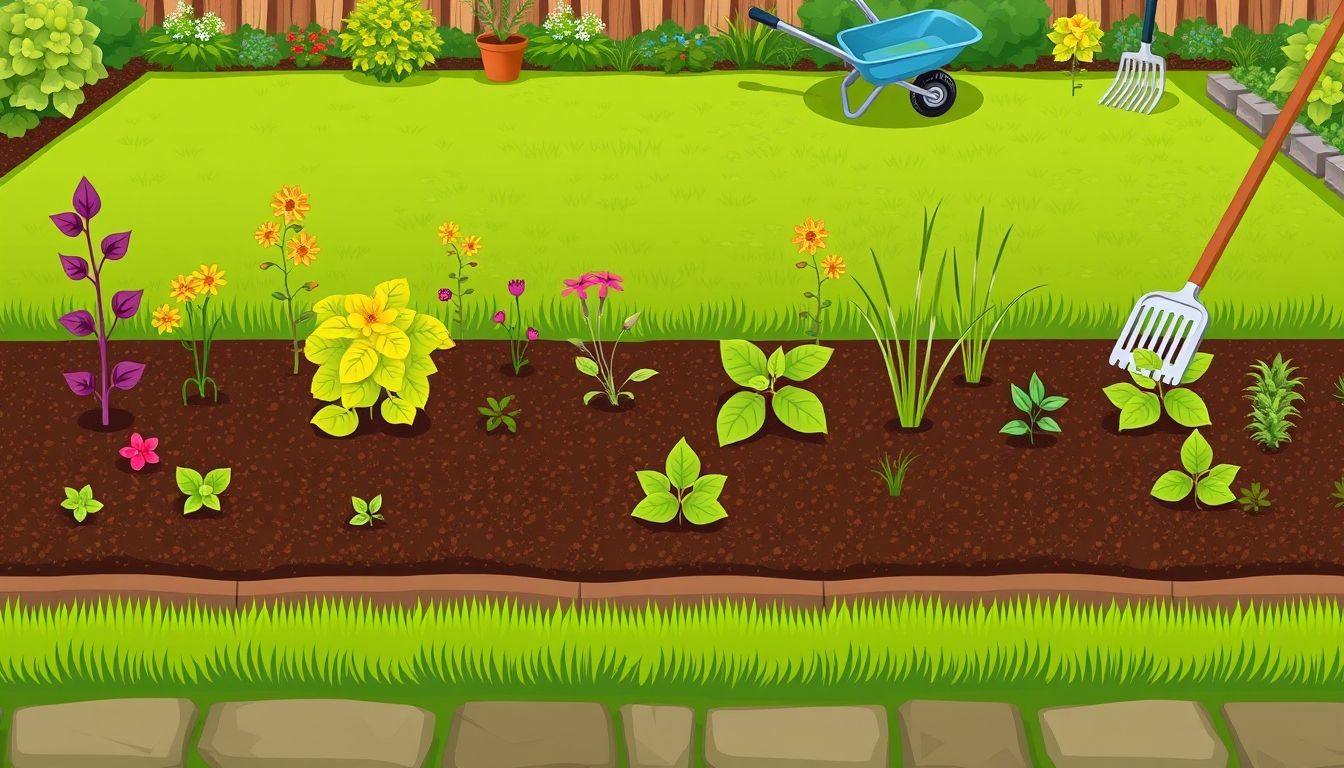 Tidy garden with plants and garden tools