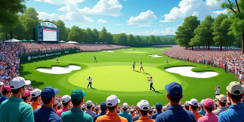 Golf players on a lush course with cheering fans.