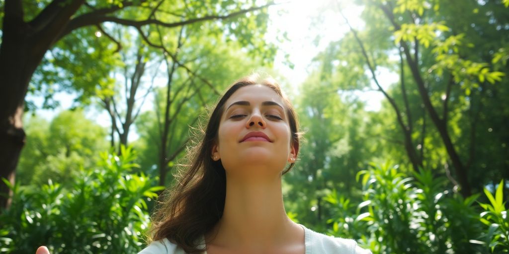 Serene person meditating outdoors in nature.